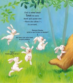 Illustration d'un groupe de lapins joyeux sautant dans une forêt verdoyante, avec un grand arbre en arrière-plan et des paroles en texte qui les entourent.