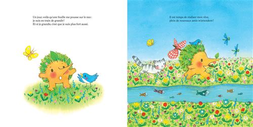 Une illustration colorée d'un petit hérisson joyeux au milieu d'une prairie fleurie, entouré de papillons et d'un oiseau bleu. À droite, le hérisson interagit avec un chat et des insectes près d'une rivière scintillante sous un ciel bleu.