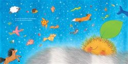 Une illustration colorée représentant un personnage joyeux endormi, entouré de divers animaux et objets flottants dans un ciel bleu.