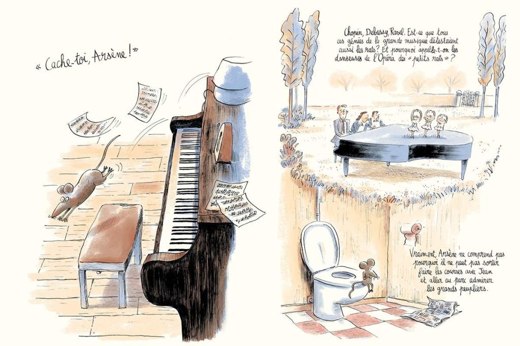Une souris s'échappe d'un piano pendant qu'une feuille de musique vole.