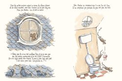 Une illustration montrant une fenêtre avec un petit animal vivant à l'intérieur, des oiseaux sur un toit en ardoise, et une salle de bain avec des souris près des toilettes.