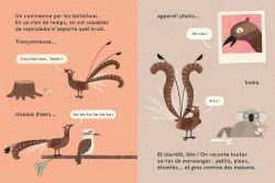Illustration d'un livre pour enfants montrant des oiseaux et un koala, avec des dialogues entre les personnages sur les bruits de la nature.