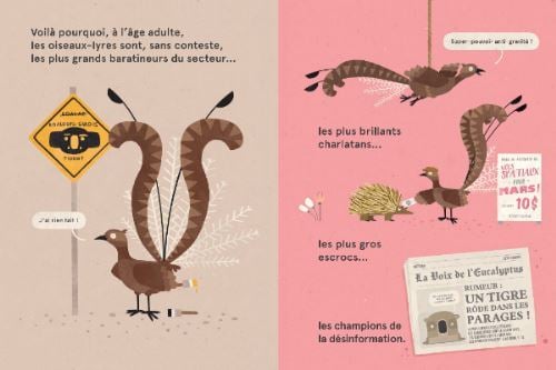 Page illustrée présentant des oiseaux lyres avec des citations humoristiques sur leur caractère bruyant et trompeur.
