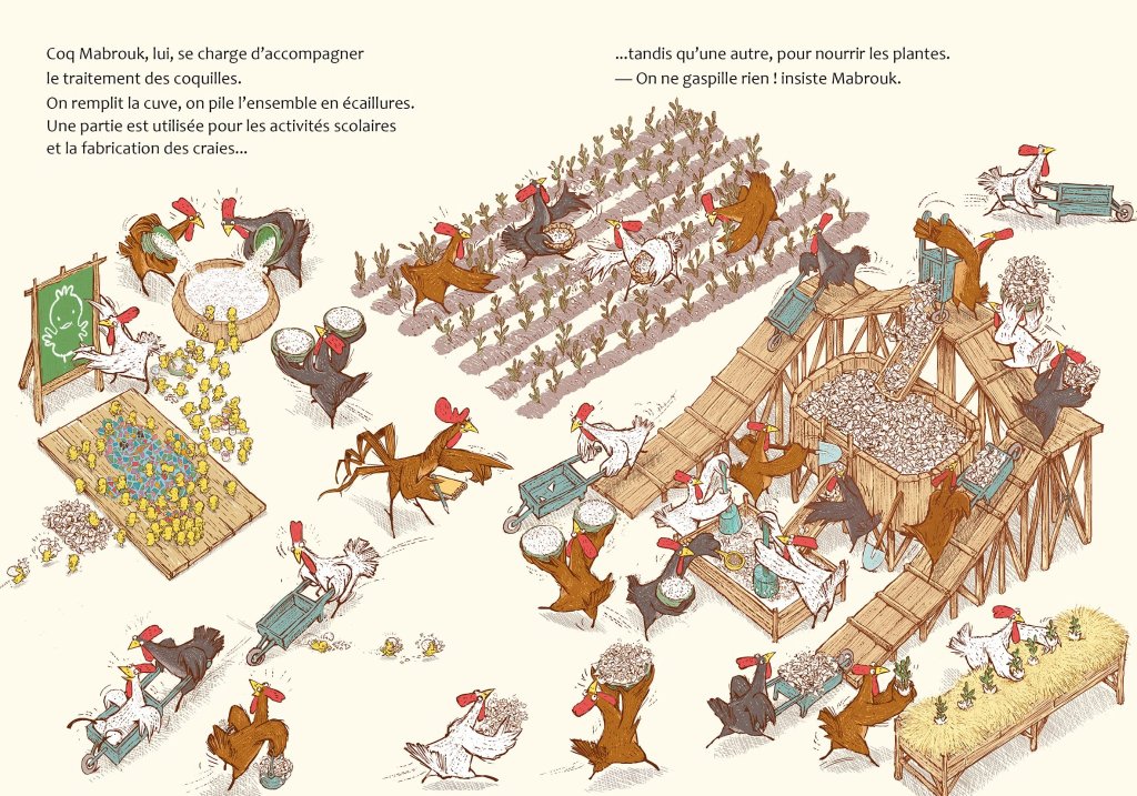 Une illustration humoristique montrant des poules et un coq travaillant ensemble dans une ferme, traitant des coquilles et cultivant des plantes. Les poules sont engagées dans diverses activités, allant de la récolte à l'éducation, avec un coq qui supervise.