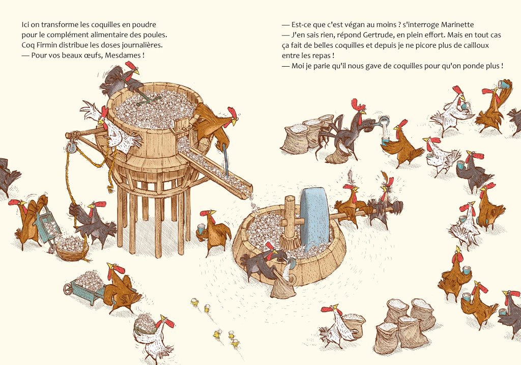 Illustration de poules transformant des coquilles d'œufs en poudre pour l'alimentation. Coq Firmin distribue des doses tandis que des poules interagissent et s'interrogent sur le processus.