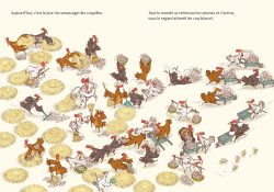 Illustration colorée de poules et de coqs dans un champ avec de la paille, montrant différentes scènes de la vie à la ferme.