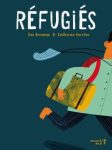 Couverture du livre 'RÉFUGIÉS' avec une illustration d'un homme portant une mallette, sur un fond bleu foncé.