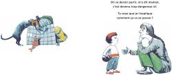 Une illustration colorée montrant un chien et une souris interagissant autour d'une structure, tandis qu'un enfant et une femme discutent sur le côté droit.