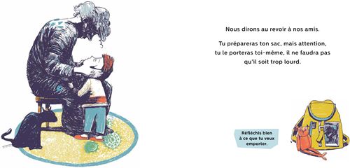 Une illustration montrant un adulte avec un enfant assis, partageant un moment affectueux, avec un sac à dos jaune et des objets colorés autour d'eux.