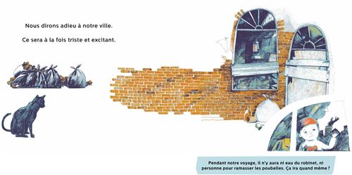 Une illustration représentant un chat noir à côté de déchets, avec des fenêtres cassées et un mur de briques. Un texte décrit un départ de la ville, exprimant des sentiments de tristesse et d'excitation.