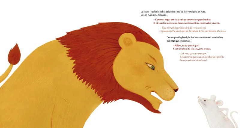 Une illustration montrant un lion majestueux avec une crinière rouge, regardant une petite souris blanche qui lui parle, en arrière-plan de texte en français.