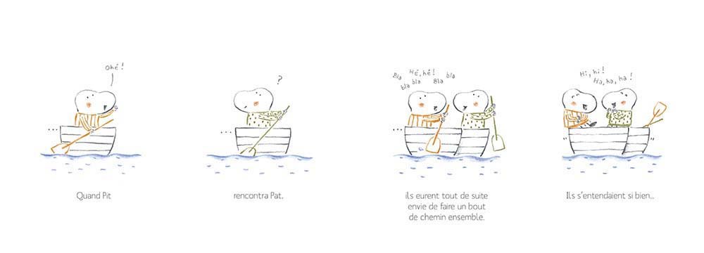Deux personnages de dessin animé dans un bateau, l'un saluant l'autre.