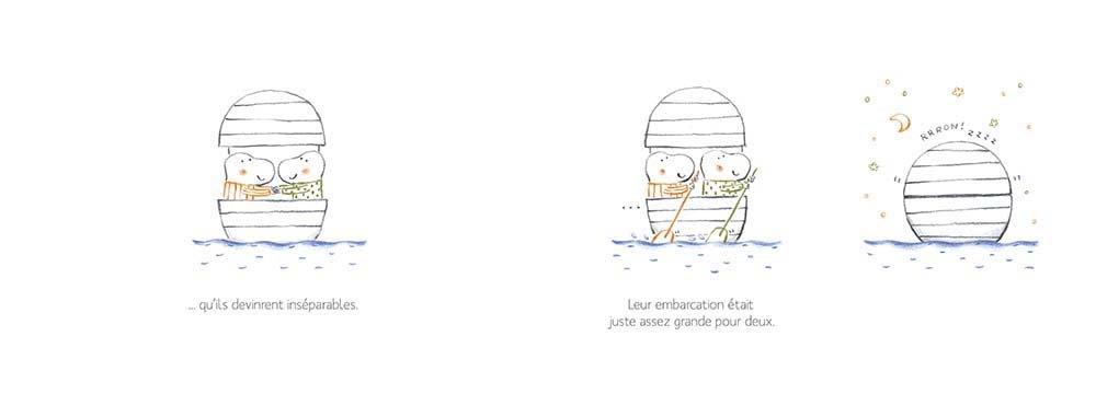 Deux personnages couchés dans un petit bateau sur l'eau, portant des couvertures, avec le texte 'qu'ils devinrent inséparables.'