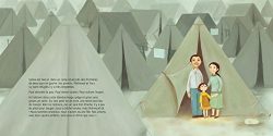 Illustration d'un camp de tentes avec une famille composée d'un père, d'une mère et d'une petite fille se tenant devant leur tente. En arrière-plan, de nombreuses tentes grises sont visibles.