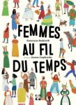 Illustration colorée représentant des femmes à travers les âges, avec des personnages en costumes variés, sur un fond clair, avec le titre 'Femmes au fil du temps' au centre.