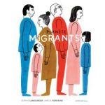 Illustration de silhouettes de personnes représentant des migrants, avec des couleurs vives et un design stylisé.