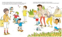 Des enfants jouant dans un parc, certains font du skateboard, d'autres jouent avec des ballons et des animaux. Des adultes les regardent avec enthousiasme.