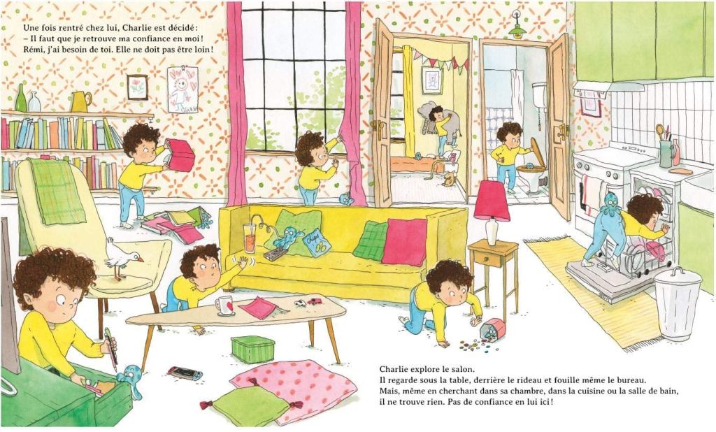 Une illustration vivante d'un garçon nommé Charlie qui explore son salon. Il est occupé à jouer, fouiller sous la table et chercher des objets, avec un décor coloré comprenant des meubles, des jouets et un oiseau.