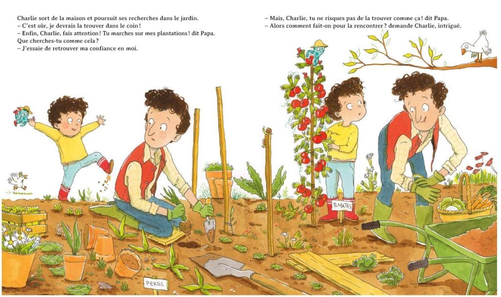 Un garçon avec des cheveux bouclés joue dans le jardin avec un arrosoir, tandis qu'un homme adulte, probablement son père, se penche pour planter des légumes. Ils discutent ensemble, entourés de légumes et de fleurs.