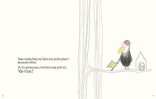 Illustration d'un oiseau sur une branche, demandant de la place à un autre oiseau. Texte sur la page à gauche.