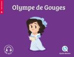 Illustration d'Olympe de Gouges sur fond violet, représentant une jeune femme en robe blanche tenant un document.