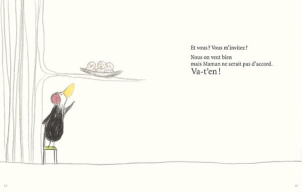 Un oiseau noir avec un bec coloré se tient sur une petite chaise, regardant trois œufs dans un nid. À droite, un texte en français évoque un dialogue sur l'invitation.
