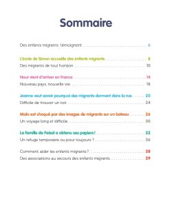 Page de sommaire d'un document sur les enfants migrants, listant les sujets abordés et leurs numéros de page.