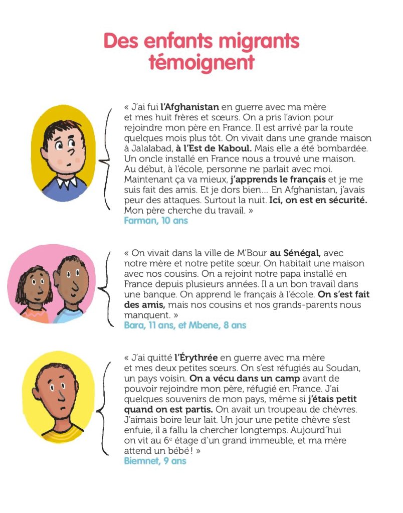 Un article illustré sur des enfants migrants partageant leurs témoignages, évoquant leurs expériences de fuite de pays en guerre comme l'Afghanistan, le Sénégal et l'Érythrée.