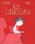 Couverture du livre 'La Croute' avec un garçon assis sur un fauteuil rouge, sur fond rouge.