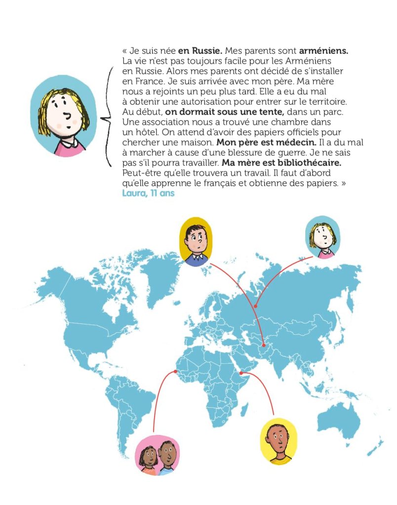 Illustration d'une jeune fille avec des cheveux blonds, partageant son expérience d'immigration de la Russie vers la France. En arrière-plan, une carte du monde avec des connexions vers différentes régions.