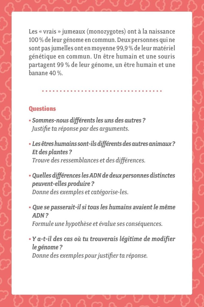 Texte éducatif sur les jumeaux, le génome humain et des questions sur les différences ADN.