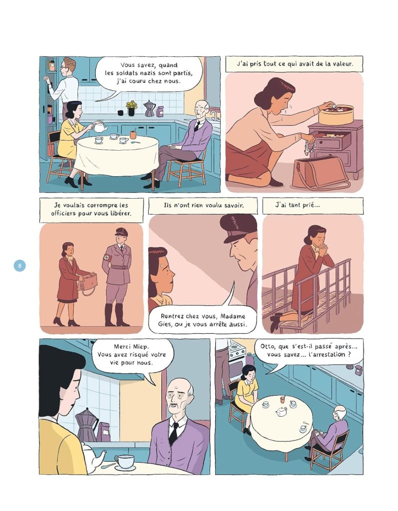 Une bande dessinée illustrant une conversation entre plusieurs personnages dans une cuisine, discutant de la guerre et de la liberté, avec des éléments historiques et des émotions fortes.