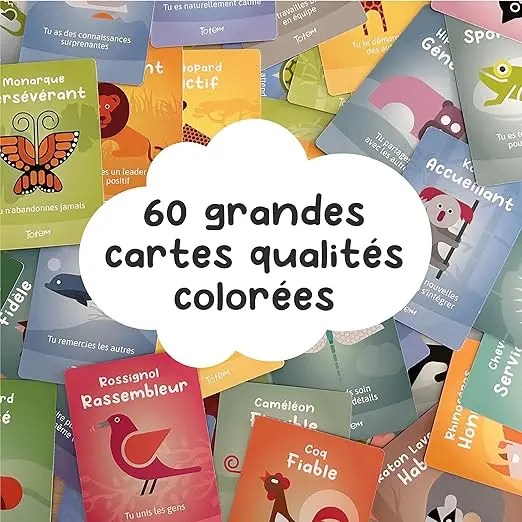 Un assortiment de cartes colorées présentant 60 qualités différentes, avec des illustrations et des mots en français.