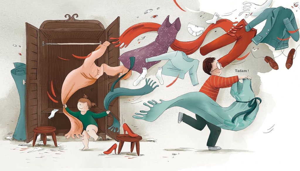 Un enfant sort d'une armoire, entouré de vêtements colorés et animés qui volent autour de lui, avec une phrase humoristique 'Tadam !' visible.