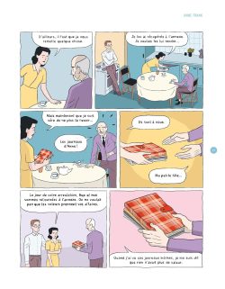 Image d'une bande dessinée montrant des personnages discutant autour d'une table. Un homme et une femme sont assis, tandis qu'un autre homme se tient debout. Ils parlent de divers sujets et échangent des paquets.