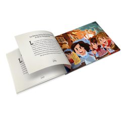 Un livre ouvert montrant une illustration colorée sur la droite et du texte sur la gauche.