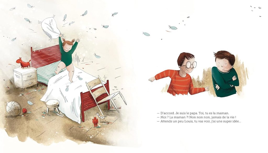 Un enfant danse sur un lit, agitant un oreiller. Des plumes volent autour de lui, tandis que deux autres enfants discutent à côté. La scène est chaotique, avec des jouets éparpillés sur le sol.
