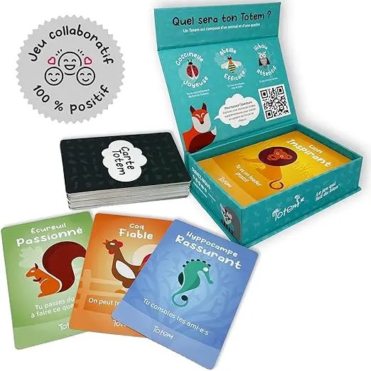 Boîte de jeu collaboratif 'Totem' avec des cartes illustrées, incluant des personnages comme un écureuil, un coq et un hippocampe, et un label indiquant que le jeu est 100% positif.