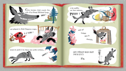 Une page de livre illustré représentant des loups et des personnages colorés, avec des dialogues humoristiques et des expressions vives.