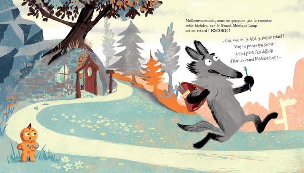 Une illustration colorée montrant un loup anthropomorphe avec un sac à dos, courant sur un chemin, accompagné d'un petit personnage orange près d'une maison en pierre, sous un ciel bleu et des arbres colorés.
