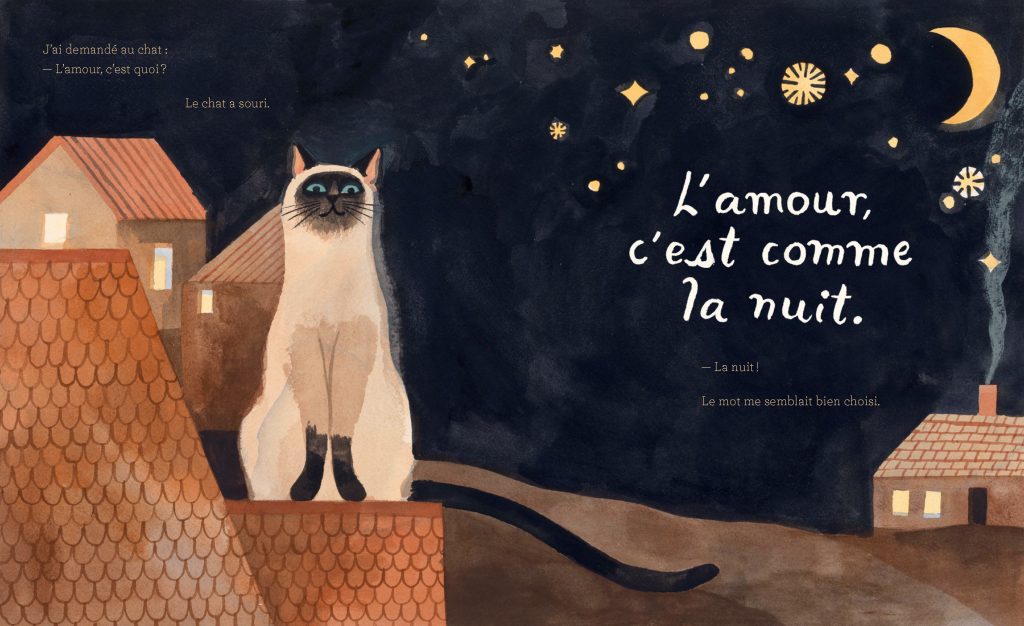 Illustration d'un chat assis sur un toit, avec des maisons en arrière-plan sous un ciel nocturne étoilé. Texte : 'L'amour, c'est comme la nuit.'