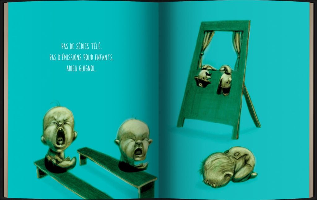 Illustration de bébés pleurant et exprimant des émotions fortes, avec un fond turquoise. Le texte indique l'absence de programmes télévisés et un adieu à Guignol.
