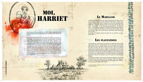 Page d'un livre intitulé 'Moi, Harriet', avec une illustration en noir et blanc d'une maison et des arbres, et une image colorée de deux enfants, accompagnée de textes sur le Maryland et les plantations.