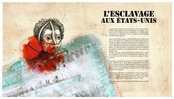 Illustration sur l'esclavage aux États-Unis avec des éléments visuels en rouge et vert, accompagnée d'un texte explicatif.