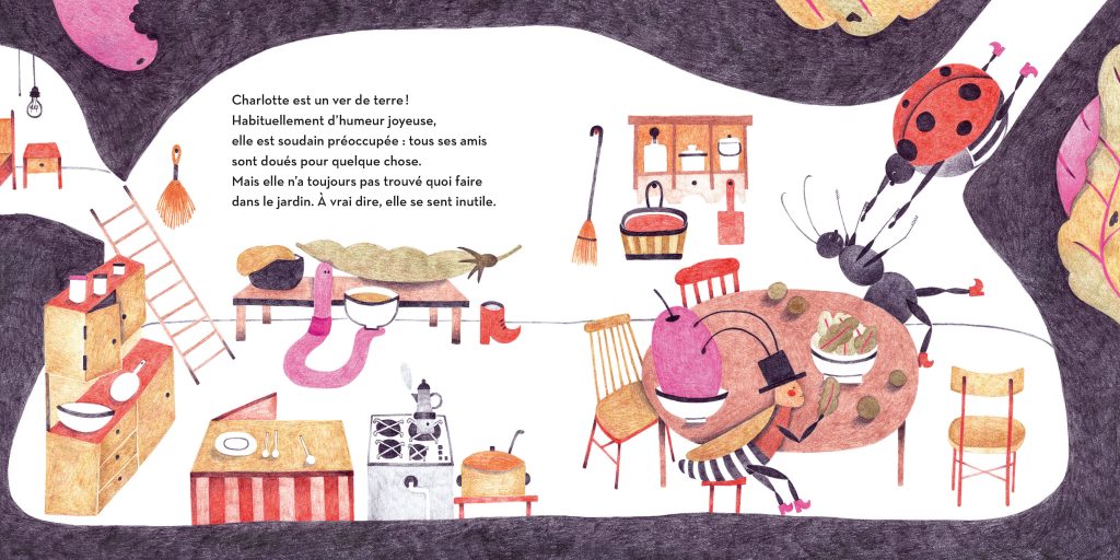 Une illustration colorée montrant Charlotte, un ver de terre, entourée de ses amis insectes dans une cuisine. Charlotte semble préoccupée tout en observant une scène conviviale où ses amis préparent des plats.