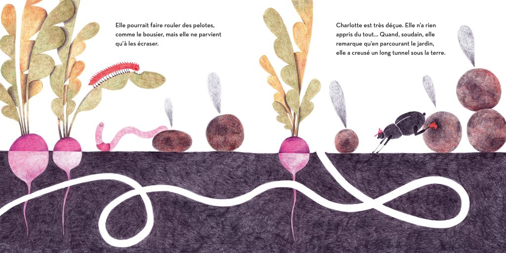 Illustration colorée représentant des légumes, une chenille, un ver de terre et un insecte explorant un jardin avec des racines visibles.