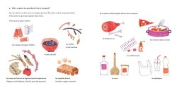 Illustration d'ingrédients et d'ustensiles de cuisine, incluant du poisson, des épices, des contenants et des outils culinaires.