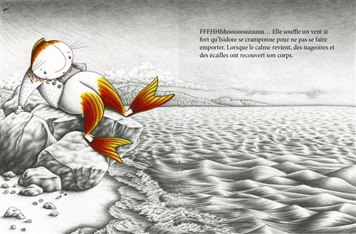 Illustration d'un personnage assis sur des rochers au bord de la mer, avec des nageoires et une queue de poisson, regardant l'eau. Des vagues ondulent et le ciel est nuageux, tandis qu'un texte accompagne l'image.
