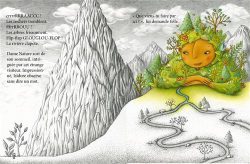 Illustration d'un personnage jovial entouré de montagnes et de verdure, avec un chemin sinueux à travers le paysage.