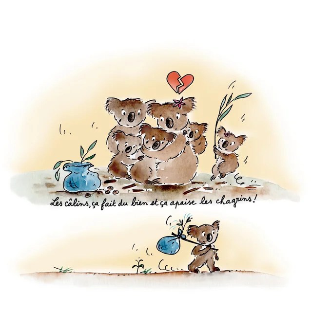 Illustration mignonne de koalas se câlinant, avec un message sur les bienfaits des câlins.